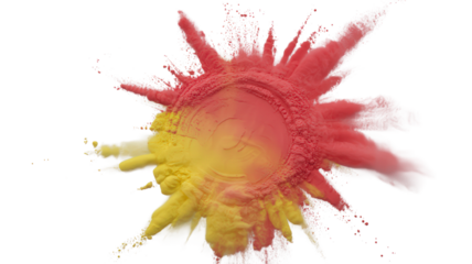 Vibrant Explosion of Red and Yellow Powder A Dynamic Display of Colorful Hues and Textures on Transparent Background Creates Mesmerizing Abstract Composition and Movement
