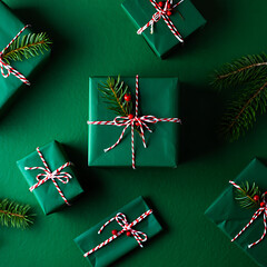 A minimalist Christmas flat lay with small, green gift boxes wrapped in festive twine on a green background.