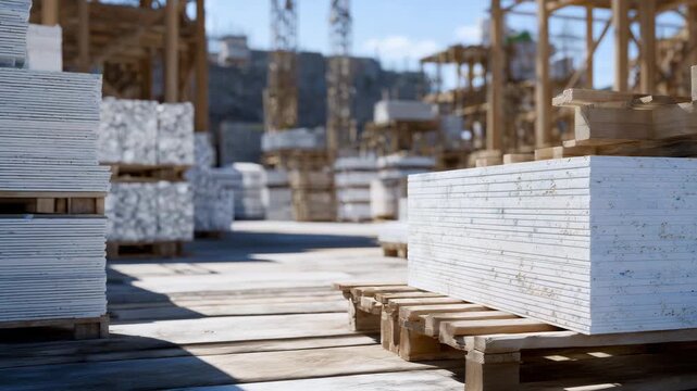 Perspective view of a construction site with piles of drywall panels, panels stacked in rows, subtle shadows creating depth and dimensionality