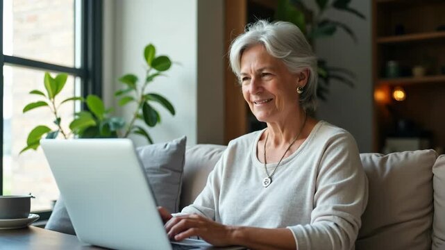 Senior woman working remotely on a laptop from a comfortable home or modern office setting, representing online communication, digital literacy, and flexible work..