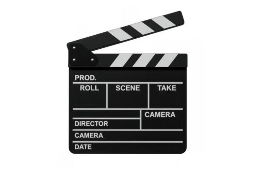 Clapperboard opening for movie film production, depicting cinema industry, filmmaking, and video making action scene