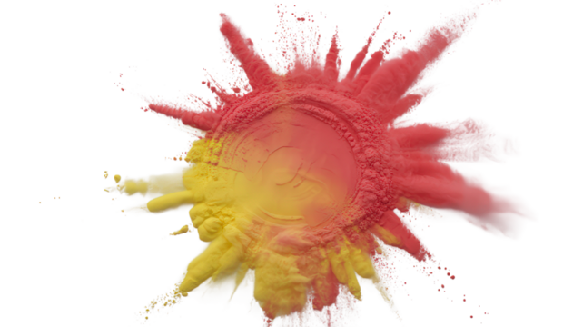 Vibrant Explosion of Red and Yellow Powder A Dynamic Display of Colorful Hues and Textures on Transparent Background Creates Mesmerizing Abstract Composition and Movement