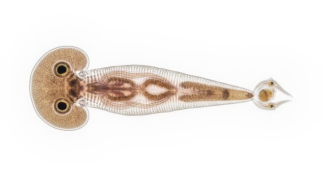 Microscopic view of parasitic worm on white background for science purposes