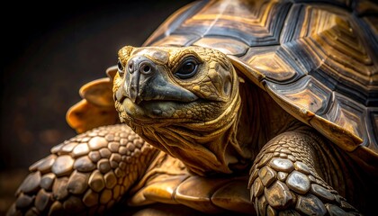 Close-up of a golden-hued tortoise with detailed shell textures and a thoughtful, serene expression