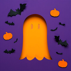 A creative Halloween papercraft scene of a ghost cutout on an orange background, revealing bats and other spooky elements.