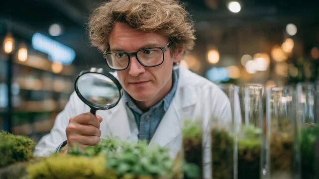 Plant researcher examining seedlings with magnifying glass, glass tubes containing sprouts arranged neatly, soft industrial lighting creating scientific ambiance