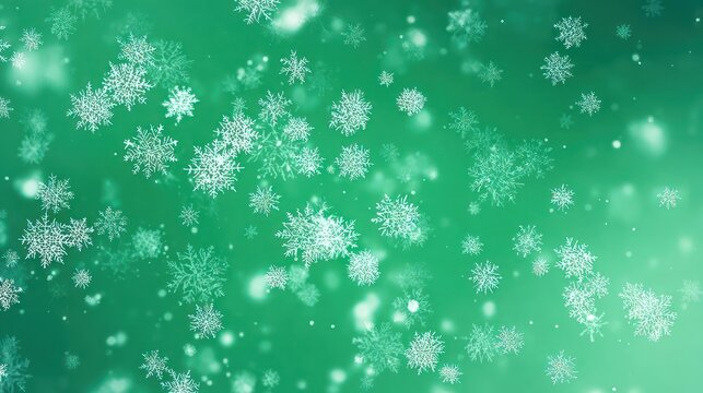Abstract shimmering snowflakes falling gently against a soft glowing green gradient background for winter holidays - Powered by Adobe