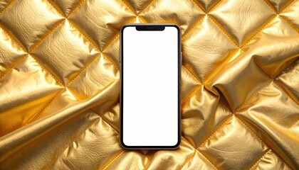 Luxurious golden quilted fabric with a blank smartphone screen for digital content and design