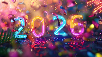 Neon 2026 with Multicolor Glow, Confetti Sparks, and Festive Fireworks Flair