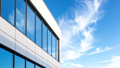 Modern architectural facade with reflective windows against a bright blue sky with wispy clouds
