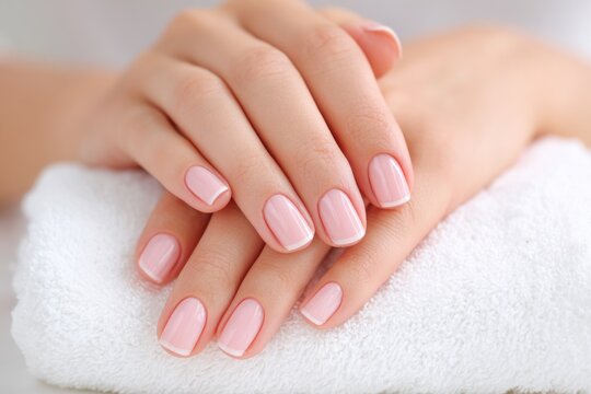 Elegant hands with soft pink French manicure resting on a white towel, showcasing delicate nail art and a serene atmosphere, perfect for beauty and wellness themes - Powered by Adobe