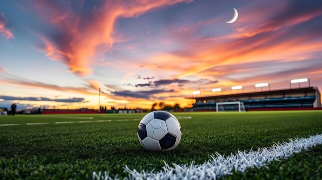 Soccer ball on a well-maintained green field with a stadium structure and vivid sunset sky featuring a crescent moon in the distance. - Powered by Adobe