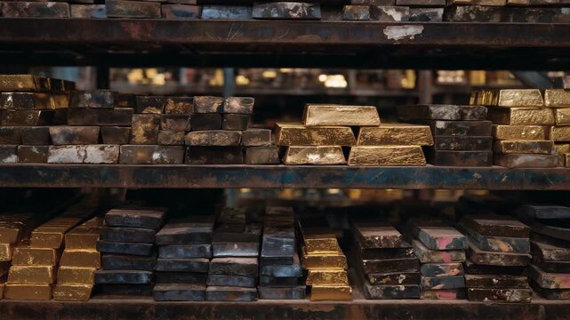 Rows of sturdy metal shelves displaying a vibrant assortment of building bricks, warm light highlighting their detailed edges and rugged craftsmanship