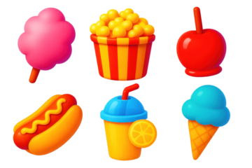 Vibrant Carnival Treats. 3D icon set of carnival food: cotton candy, popcorn bucket, candy apple, hot dog, lemonade cup, ice cream