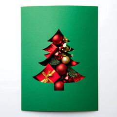A green greeting card with a 3D pop-up Christmas tree decorated with red and gold ornaments.