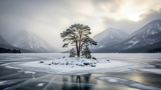 Single Pine Tree on a Small Island in a Frozen Mountain Lake with Cracked Ice and Foggy Sky