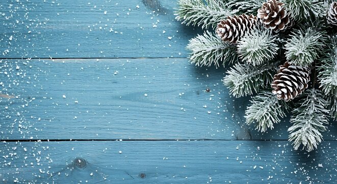 Christmas background with pine branch and snow covered wooden texture