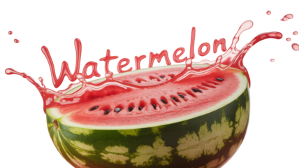 Watermelon Slice with Splashing Juice and Watermelon Text Creating Refreshing Summer Image on Transparent Backdrop Ideal for Food and Beverage Designs
