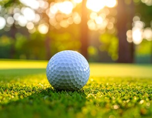 Close-up of a golf ball on a sunny green course, sunlight creating a warm, bokeh-filled background
