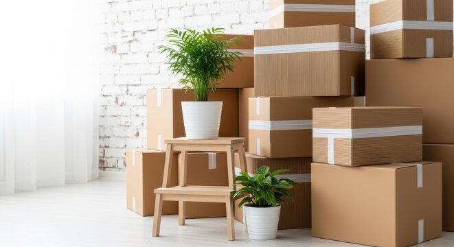 Packing Up: A scene unfolds with neatly stacked cardboard boxes, interspersed with potted plants. It captures the essence of change, transition, and the embrace of a new chapter.