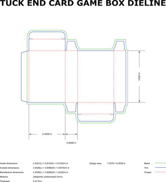 Tuck End Card Game Box Packaging Dieline Template with Bleed, Trim & Crease Lines