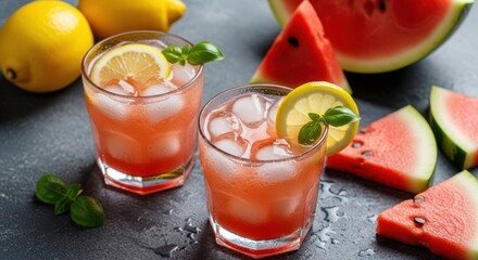 Summer Refreshment: A refreshing still life showcasing two glasses of vibrant pink cocktails, garnished with lemon slices and basil leaves, ice cubes, and pieces of juicy watermelon.