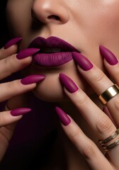 Naklejka premium The Alluring Touch: An close-up shot revealing a woman's elegantly manicured hands, adorned with striking purple nails, tenderly caressing her lips. The image exudes an air of confidence, fashion.
