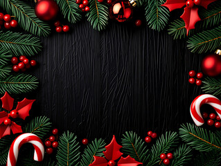 A beautiful Christmas frame made of fresh fir branches, red berries, and candy canes on a black wooden background.