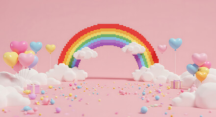Pixelated Rainbow Sky with Heart Balloons and Fluffy Clouds Dreamscape