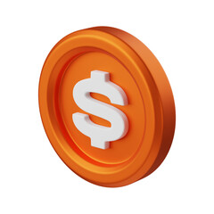Vibrant 3D rendered orange coin with a prominent white dollar sign, symbolizing modern digital currency, financial transactions, and investment success, perfect for business and economic concepts