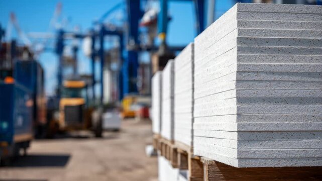 Stacked drywall panels in rows, perspective shot capturing panel thickness, edges, and smooth surfaces, subtle construction equipment in background