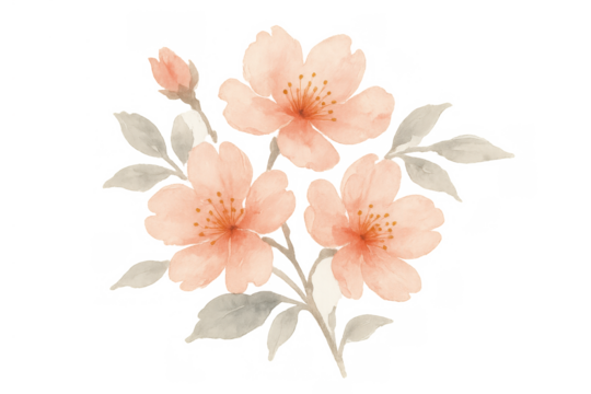 Watercolor cherry blossom flowers with delicate pink petals and grey leaves creating a blooming spring botanical illustration