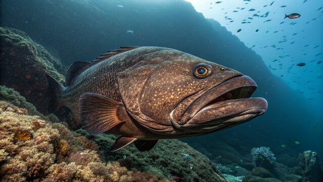 A large, dark Oilfish (Ruvettus pretiosus) swimming near a rocky seafloor in the deep-sea benthopelagic zone.