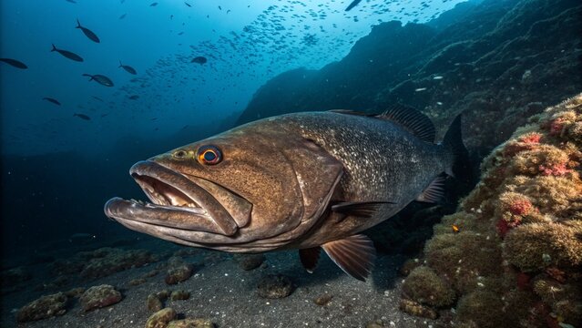 A large, dark Oilfish (Ruvettus pretiosus) swimming near a rocky seafloor in the deep-sea benthopelagic zone.