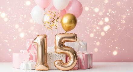 Fifteen Birthday Celebration: A joyous scene of a milestone birthday, with shimmering balloons and gift, setting the stage for a memorable celebration of a milestone age.