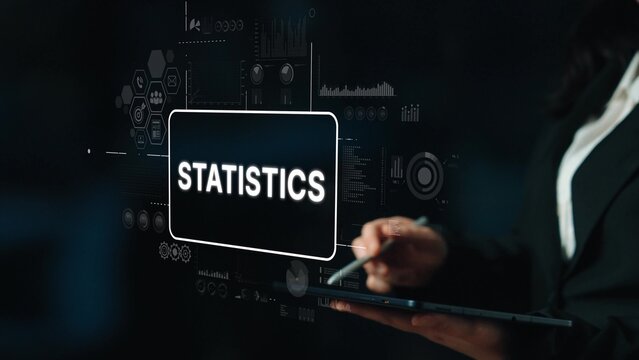 Business Professional Analyzing Statistics Data on Digital Screen with Modern Interface Elements in Dark Environment. Asymptotic smart data analytic.