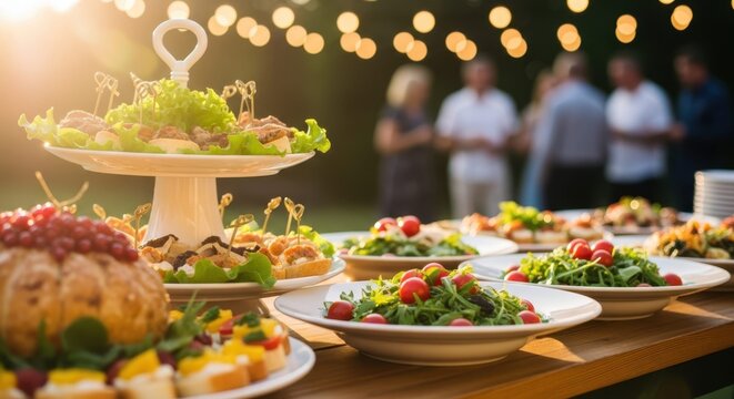 Elegant Culinary Spread at an Outdoor Gathering: A delectable array of gourmet appetizers and dishes adorns a beautifully set table at an outdoor event, with soft.