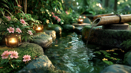 Japanese garden with a bamboo fountain
