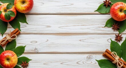 Autumn's Culinary Canvas: A rustic composition of vibrant red apples, fragrant cinnamon sticks, aromatic star anise, and fresh green leaves gracefully adorn a weathered wooden surface.