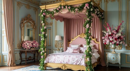 Royal Bedroom: Experience the allure of an opulent bedroom, where a magnificent canopy bed, adorned with delicate floral arrangements and elegant furnishings, creates an atmosphere of timeless luxury.