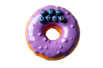 donuts on white background with purple chocolate and blueberries