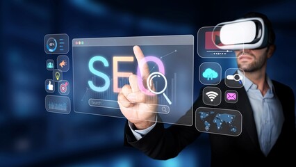 A businessman interacts with virtual reality technology to enhance search engine optimization, showcasing futuristic digital interfaces and marketing analytics in a professional setting. Raster