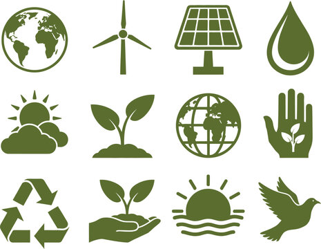 Green energy and environmental protection icons earth, wind turbine, solar panel, water drop, sun, plant, recycle, hand, dove