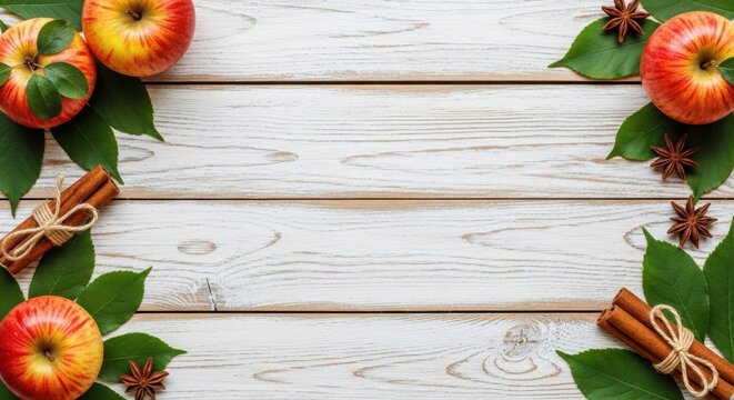 Autumn's Culinary Canvas: A rustic composition of vibrant red apples, fragrant cinnamon sticks, aromatic star anise, and fresh green leaves gracefully adorn a weathered wooden surface.