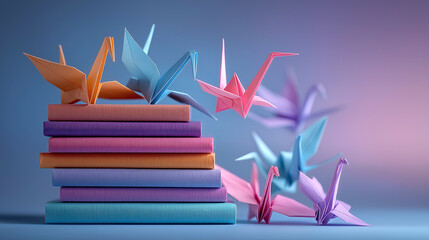Origami cranes with a stack of books