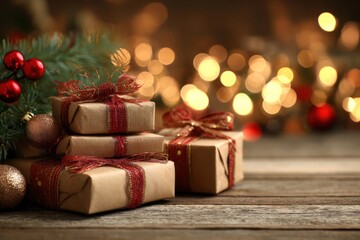 Festive christmas presents wrapped in brown paper and red ribbon sit on a wooden table with a blurred background of warm bokeh lights and a decorated tree