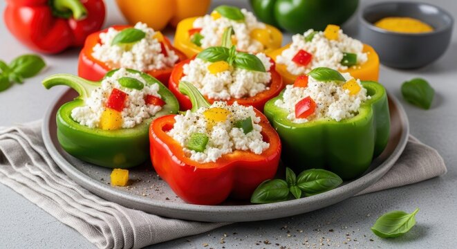 Colorful Stuffed Peppers: An enticing dish of vibrantly colored bell peppers brimming with a delicious filling, garnished with fresh basil leaves. A celebration of flavors and culinary creativity.