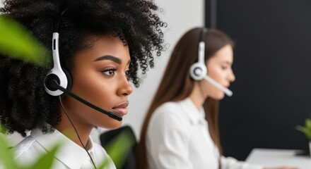 Empathetic Support in Service: Focused on a mission of excellence, two dedicated professionals wearing headsets provide committed assistance and support, building connections with care.