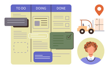 Agile board with To Do, Doing, Done columns, tasks, forklift moving a package, location pin, team member. Ideal for project management, workflow logistics teamwork productivity organization task © robu_s