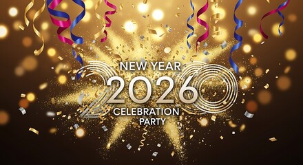 Celebrate New Year 2026 with dazzling confetti and ribbons, a joyful party atmosphere for festive greetings and invitations to upcoming events